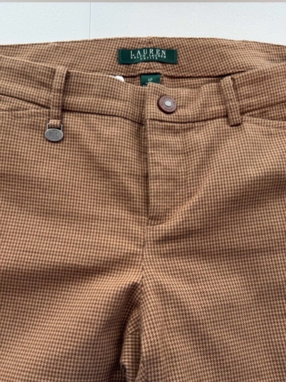Lauren Ralph Lauren Petite Houndstooth Ankle Pants 4P Brown Stretch - Picture 3 of 8